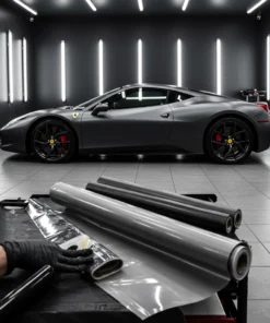 Matte Wrap for Cars – Black Ferrari with premium vinyl wrap in workshop